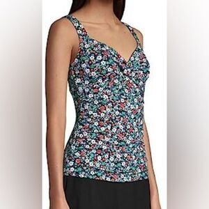 Lands' End Women's Underwire Wrap Tankini Top Black Ditsy Floral Size 10DD